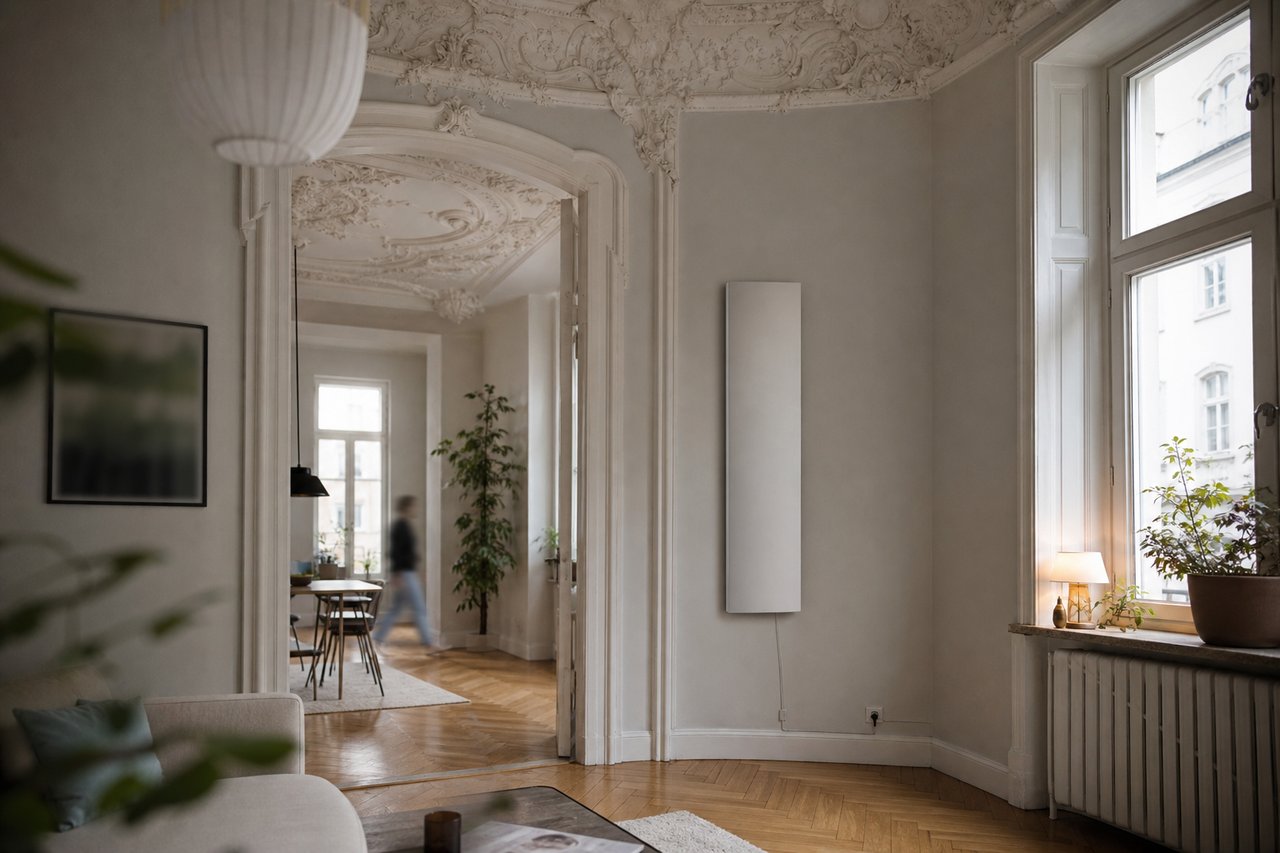 Hohe Altbauwohnung mit Stuckdecke und einer Infrarotheizung an der Wand