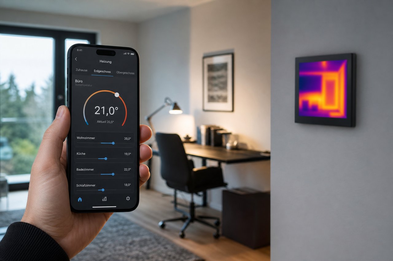 Smartphone mit Heizungs-App neben einer Infrarotheizung an der Wand