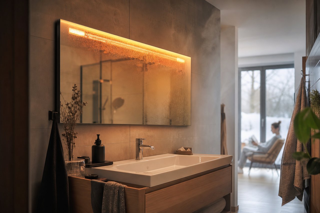 Infrarot-Spiegelpaneel über einem Waschbecken im Badezimmer