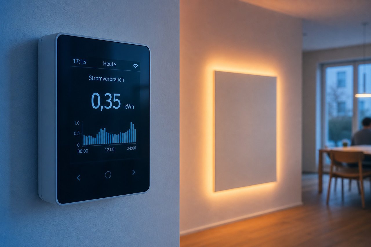 Smart-Meter-Display neben einer Infrarotheizung an der Wand