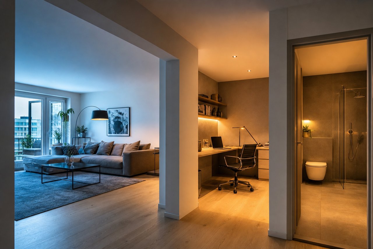 Grundriss einer Wohnung mit markierten Räumen für Infrarotheizungen