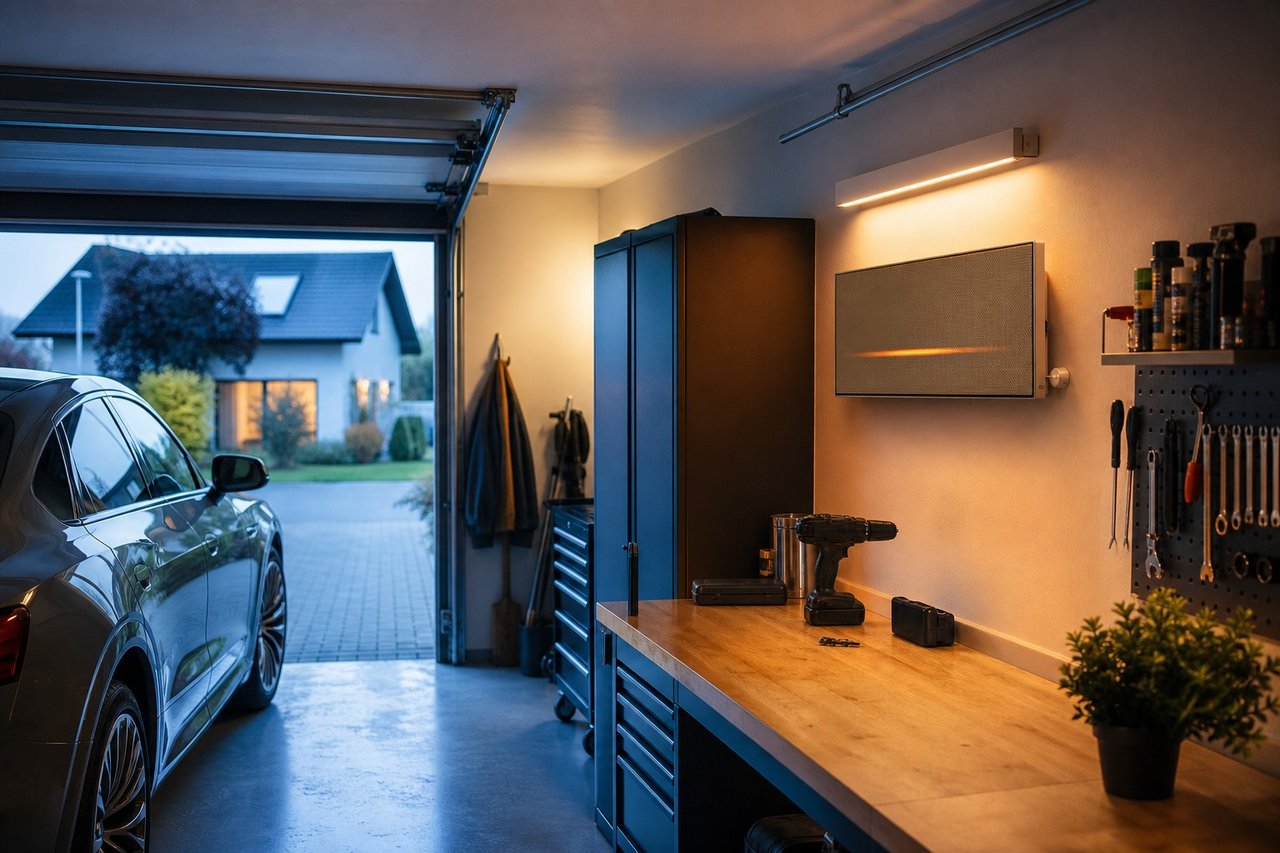 Garage mit einer wandmontierten Infrarotheizung neben dem Werkzeugregal