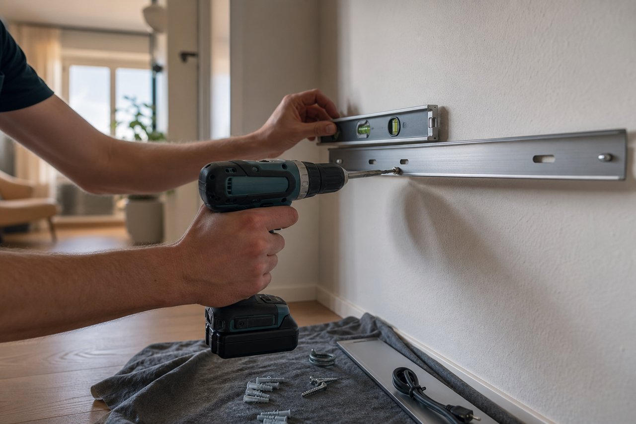 Werkzeug und Dübel bei der Wandmontage eines Heizpaneels