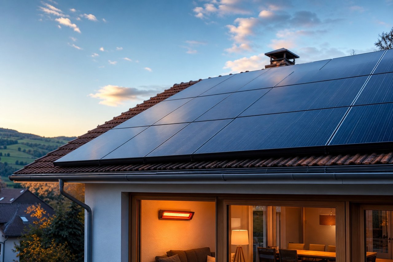 Hausdach mit Photovoltaik-Anlage neben einem beheizten Wintergarten
