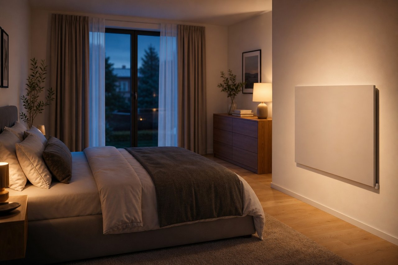 Schlafzimmer mit einer Infrarotheizung an der Wand neben dem Bett