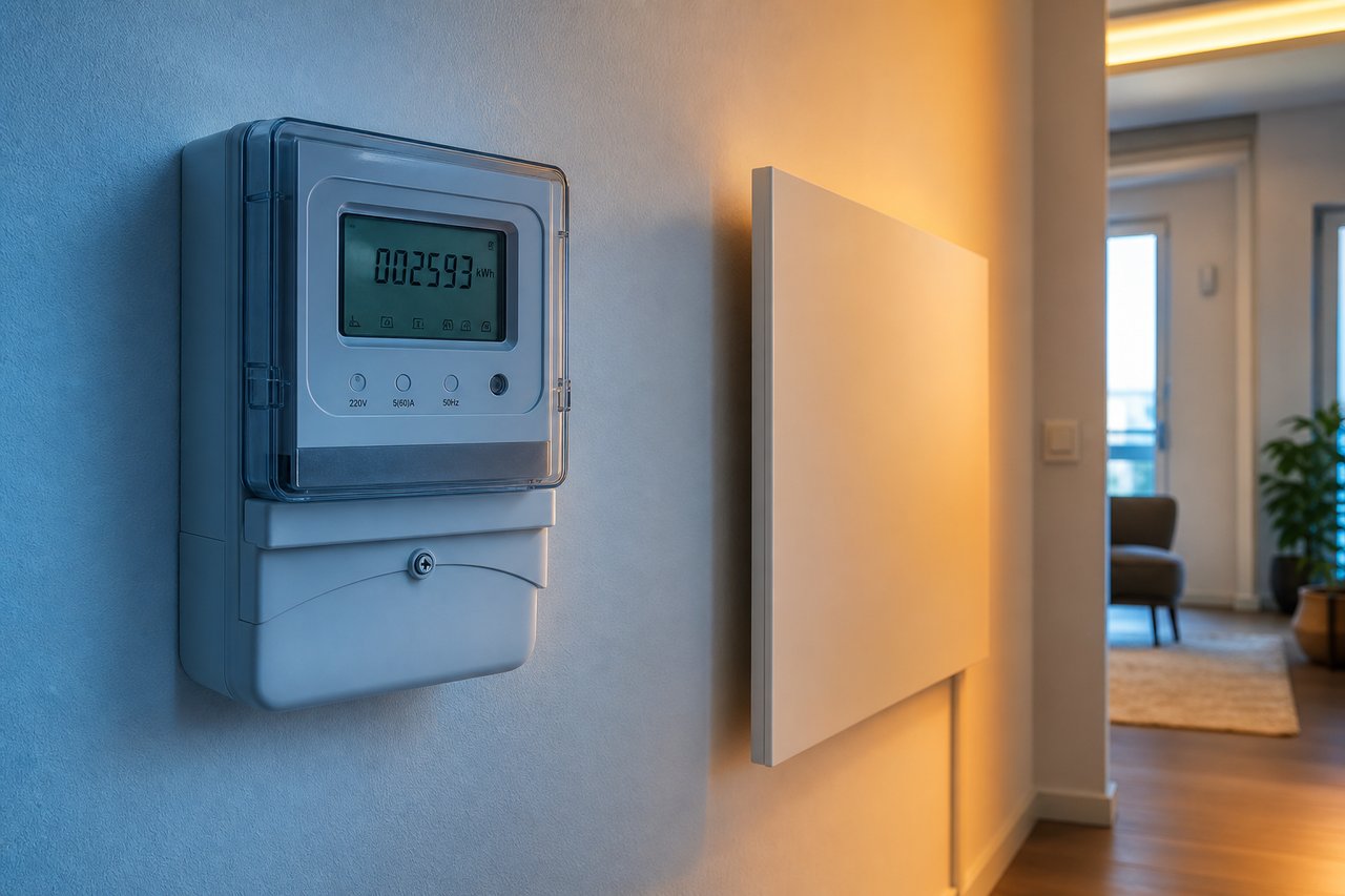 Taschenrechner und Stromrechnung neben einer Infrarotheizung