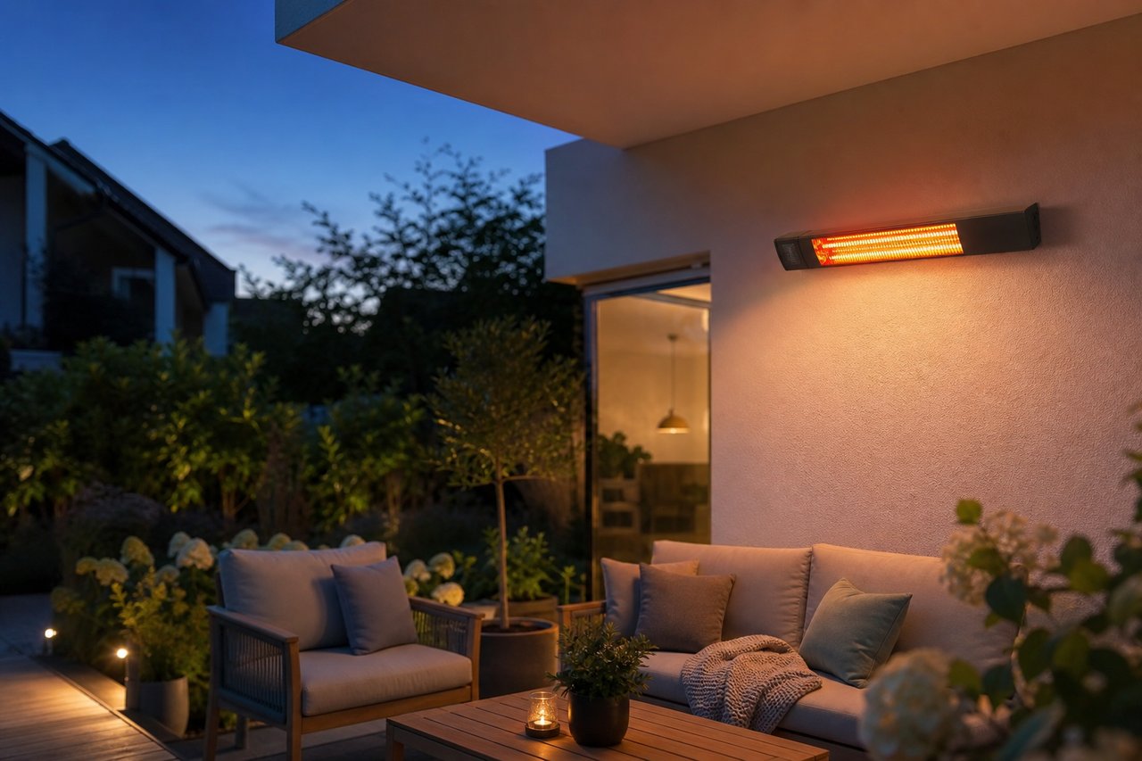 Infrarot-Heizstrahler an einer überdachten Terrasse im Abendlicht