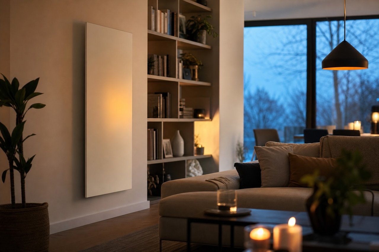 Wohnzimmer mit einer Infrarotheizung über einem Sofa